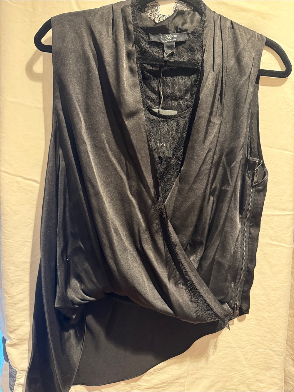 All Saints Black Satin Draped Lace-Trim Camisole